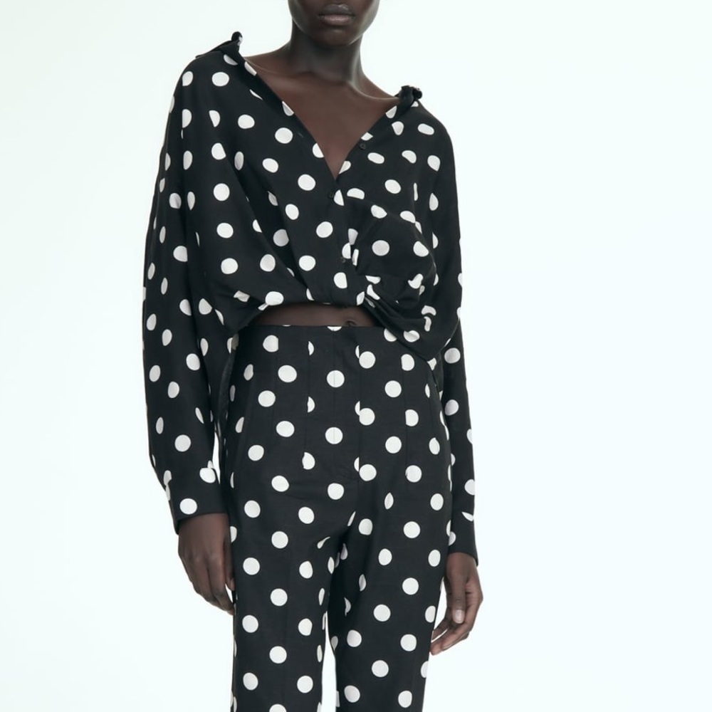 Zara NWT linen black & white polka dot knot front button front long sleeve shirt - Picture 2 of 10